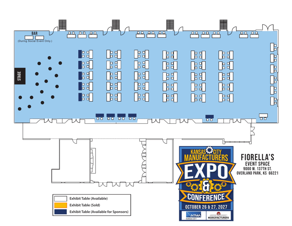 Floor plan for the 2027 Kansas City Manufacturers Expo & Conference at Fiorella’s Event Space, Overland Park: rows of exhibit tables across the main hall, sponsor tables along the left and bottom walls, a stage and lounge seating at the left end and a bar for the social event